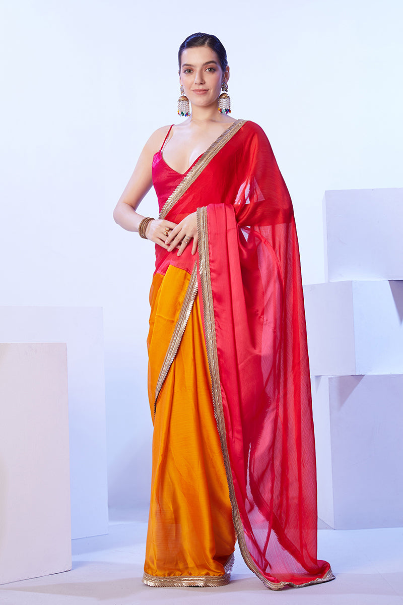 Orange & Red Satin Moss Lace Work Saree