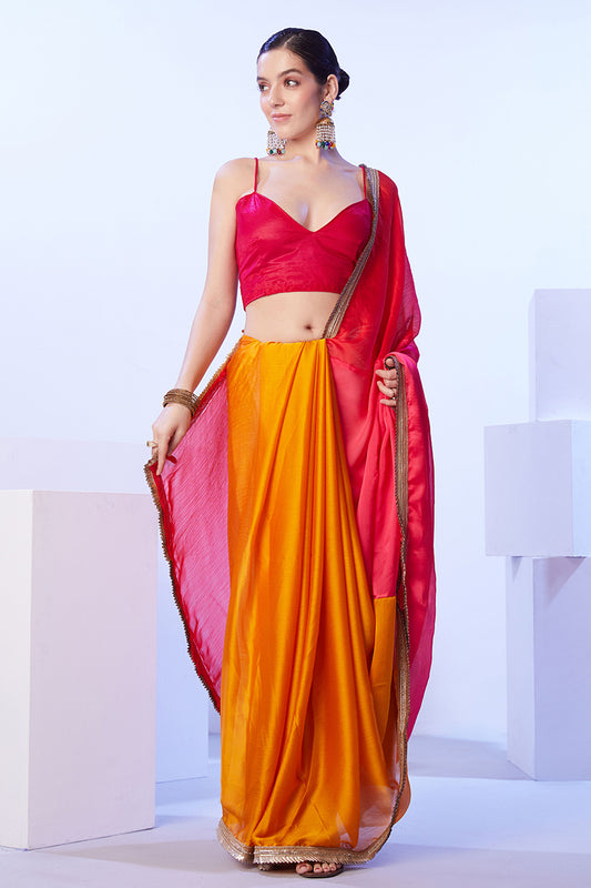 Orange & Red Satin Moss Lace Work Saree