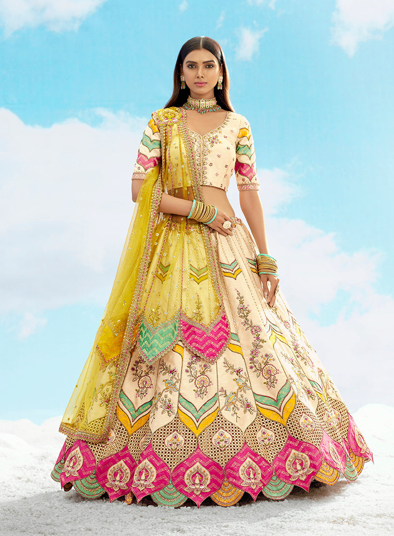 Ivory & Yellow Silk Heavy Embroidered Bridal Lehenga Choli
