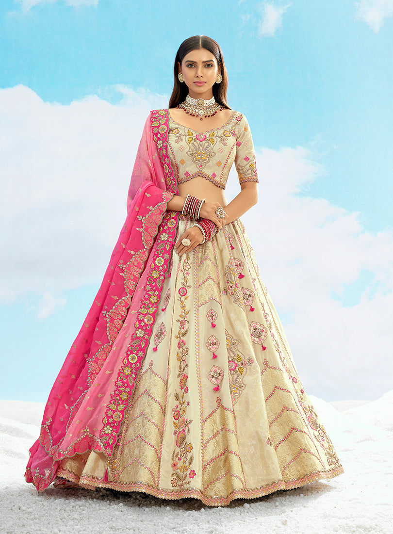 Cream and Pink Silk Heavy Embroidered Bridal Lehenga Choli