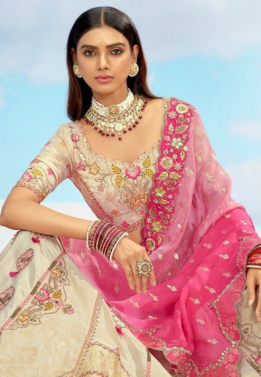 Cream and Pink Silk Heavy Embroidered Bridal Lehenga Choli