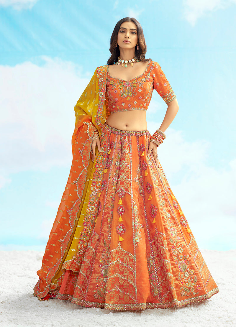 Orange Silk Heavy Embroidered Bridal Lehenga Choli