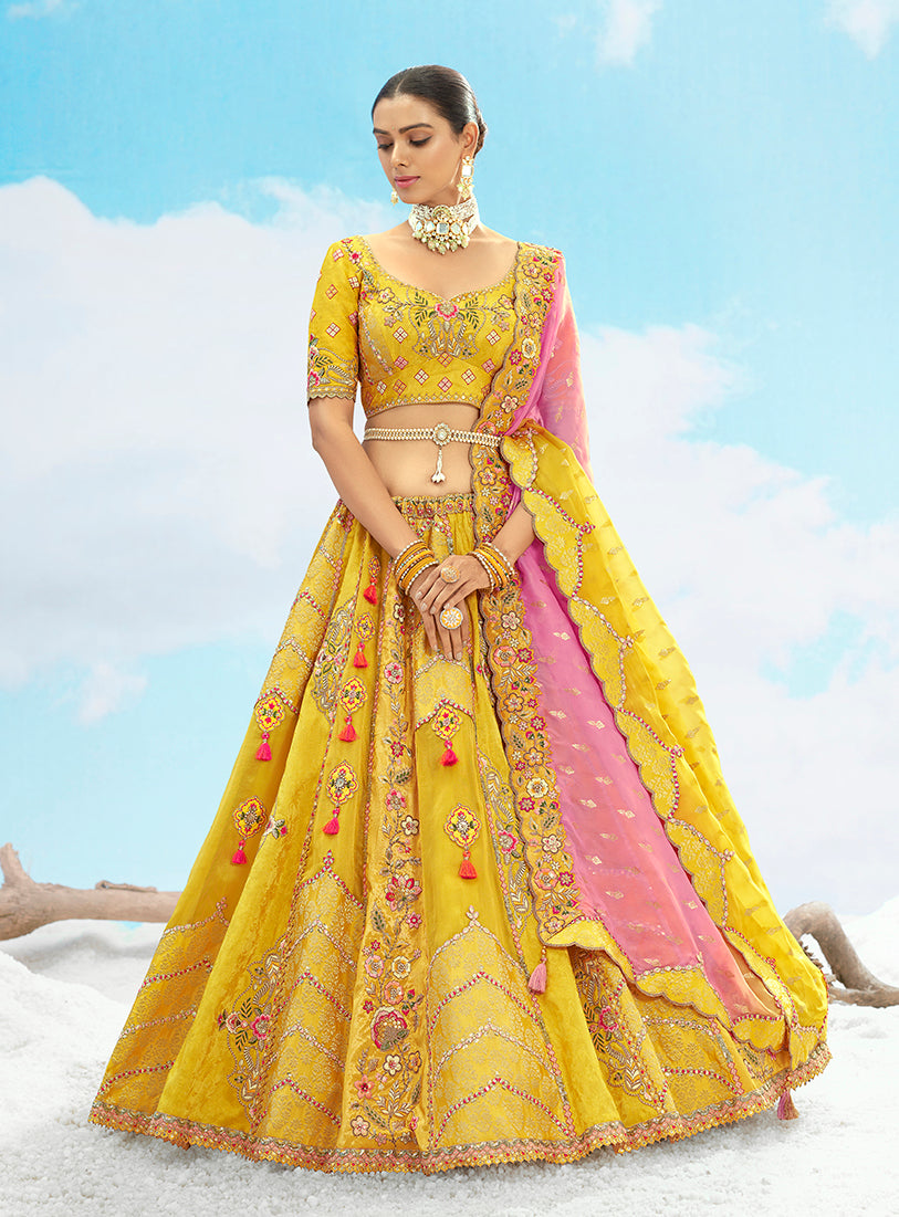 Yellow Silk Heavy Embroidered Bridal Lehenga Choli