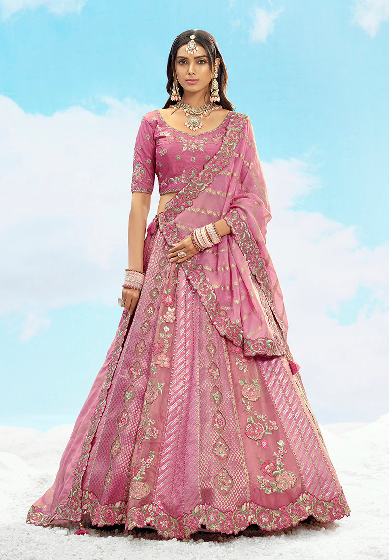 Onion Pink Silk Heavy Embroidered Bridal Lehenga Choli