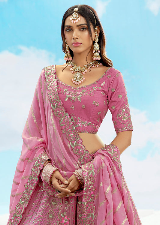 Onion Pink Silk Heavy Embroidered Bridal Lehenga Choli