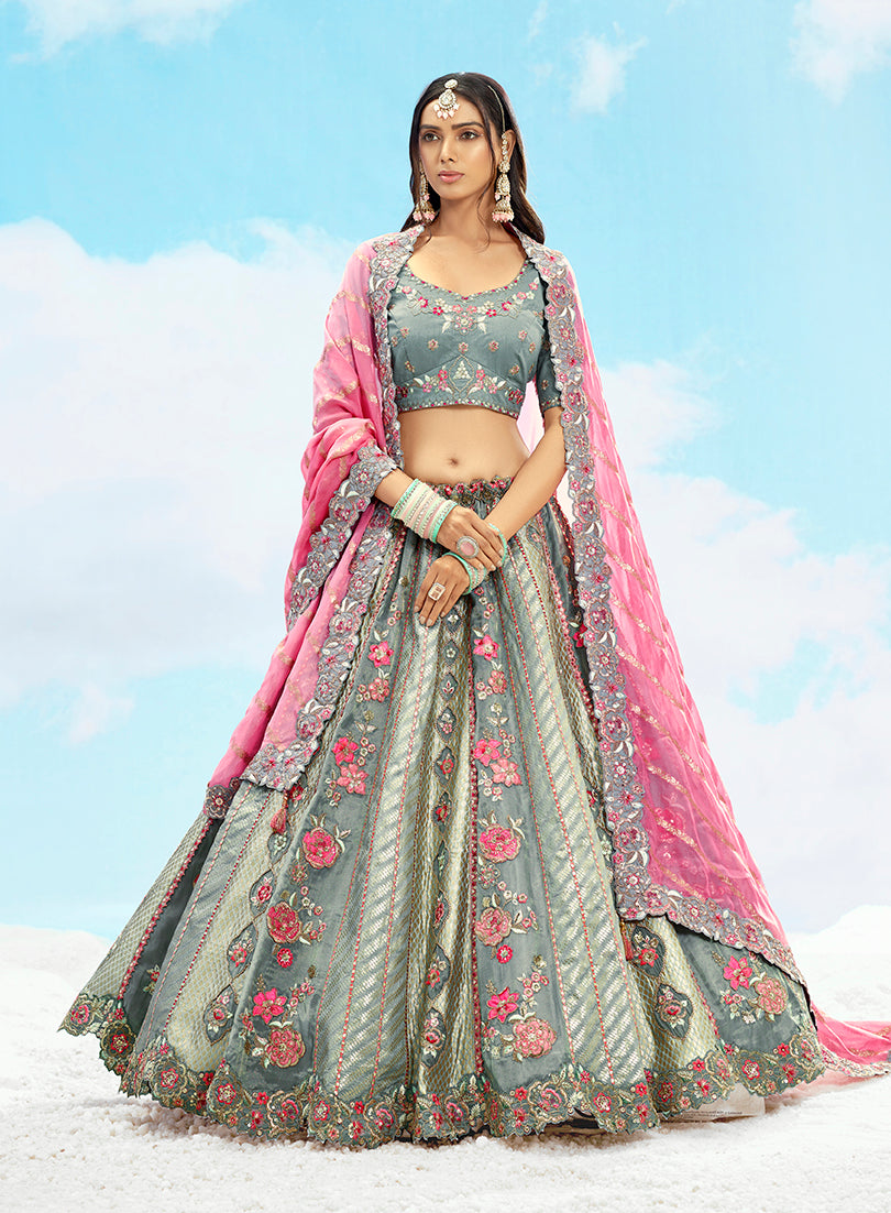 Grey Silk Heavy Embroidered Wedding Lehenga Choli