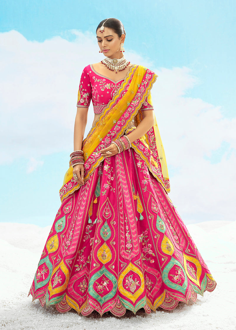 Rani Pink Silk Heavy Embroidered Wedding Lehenga Choli