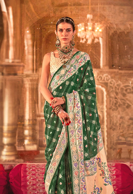 Green Silk Bandhej Print With Paithani Border Saree