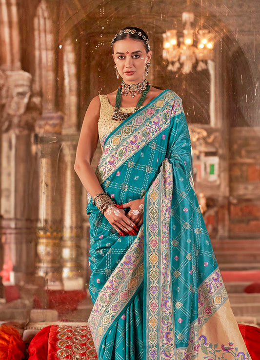 Aqua Blue Silk Bandhej Print With Paithani Border Saree