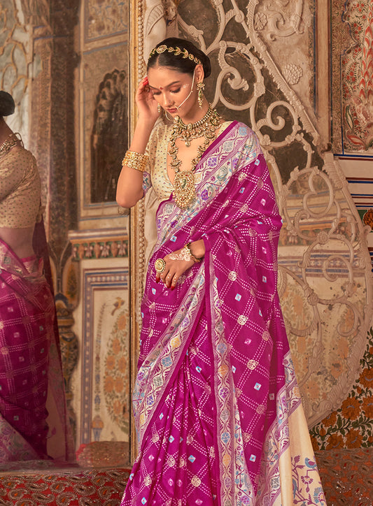 Rani Pink Silk Bandhej Print With Paithani Border Saree