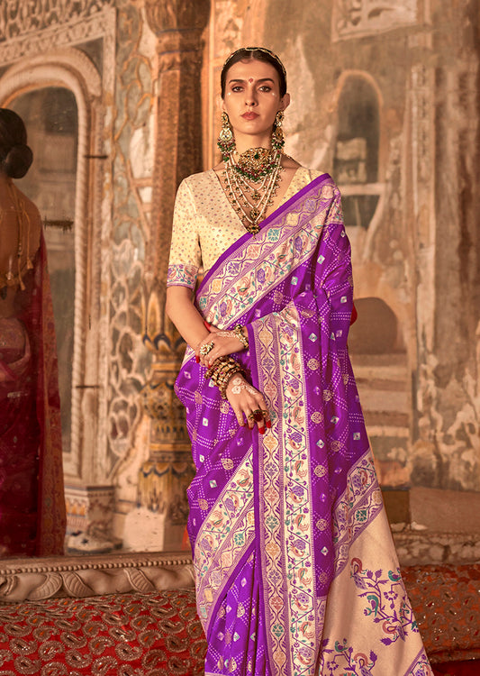 Dark Violet Silk Bandhej Print With Paithani Border Saree