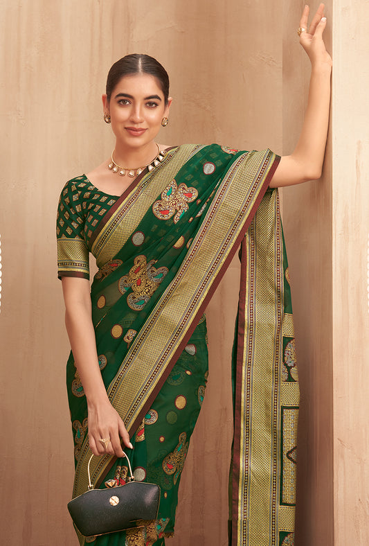 Green Georgette Weaving Work Saree