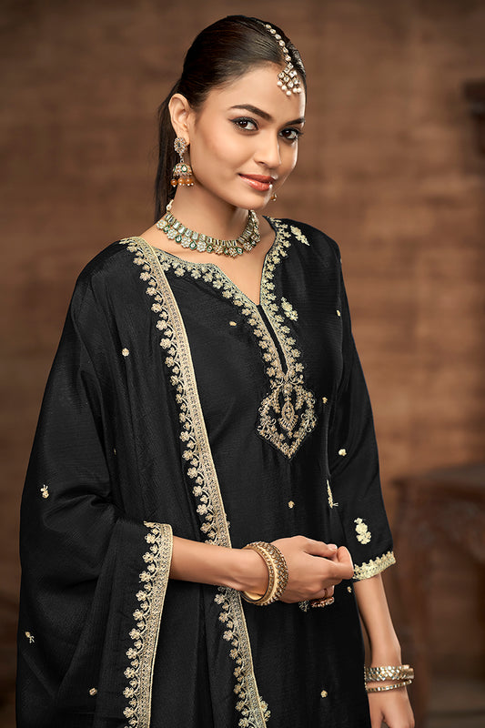 Black Chinon Embroidered Zari Work Wedding Wear Palazzo Suit
