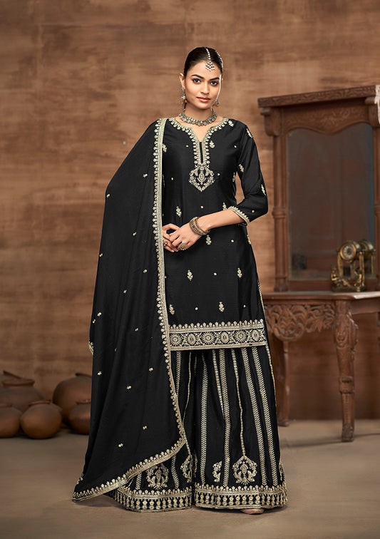 Black Chinon Embroidered Zari Work Wedding Wear Palazzo Suit