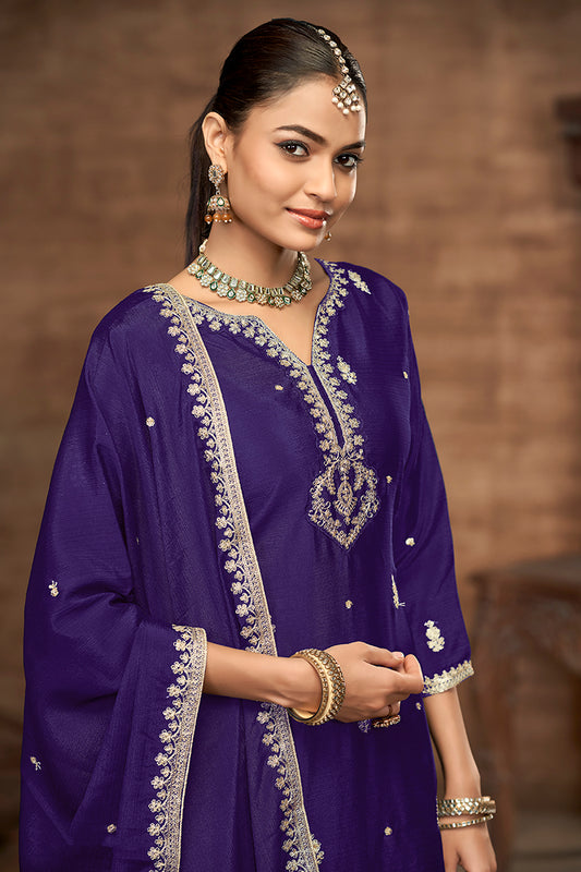 Navy blue Chinon Embroidered Zari Work Wedding Wear Palazzo Suit