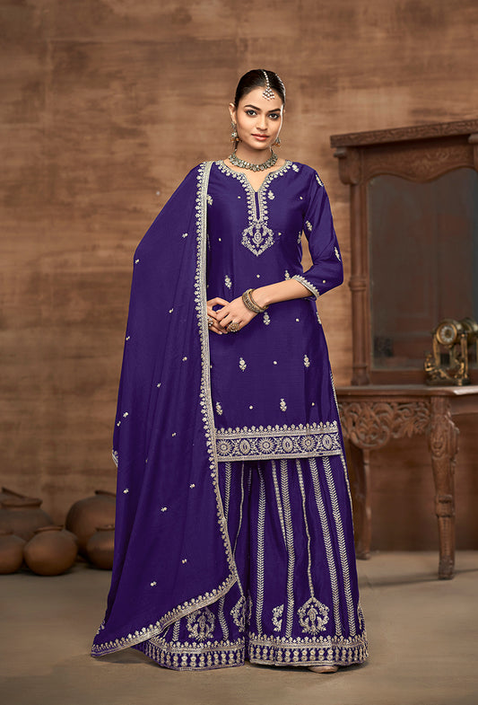 Navy blue Chinon Embroidered Zari Work Wedding Wear Palazzo Suit