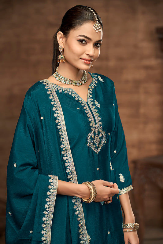 Dark Teal Chinon Embroidered Zari Work Wedding Wear Palazzo Suit