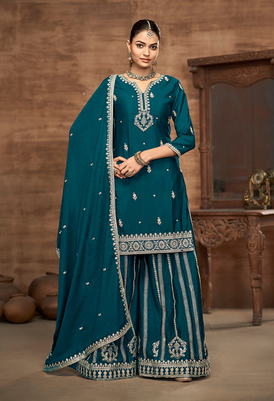 Dark Teal Chinon Embroidered Zari Work Wedding Wear Palazzo Suit