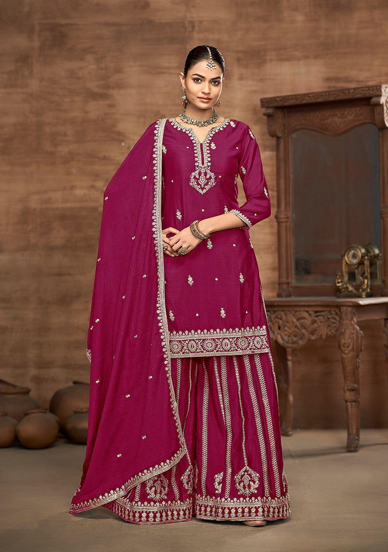 Rani Pink Chinon Embroidered Zari Work Wedding Wear Palazzo Suit