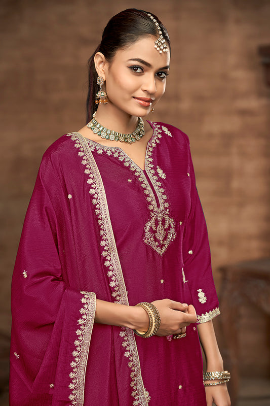 Rani Pink Chinon Embroidered Zari Work Wedding Wear Palazzo Suit