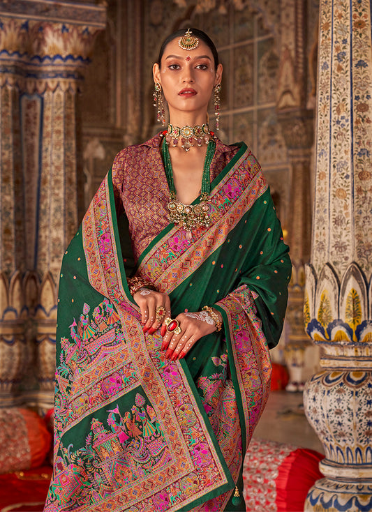Dark Green Silk Printed Saree