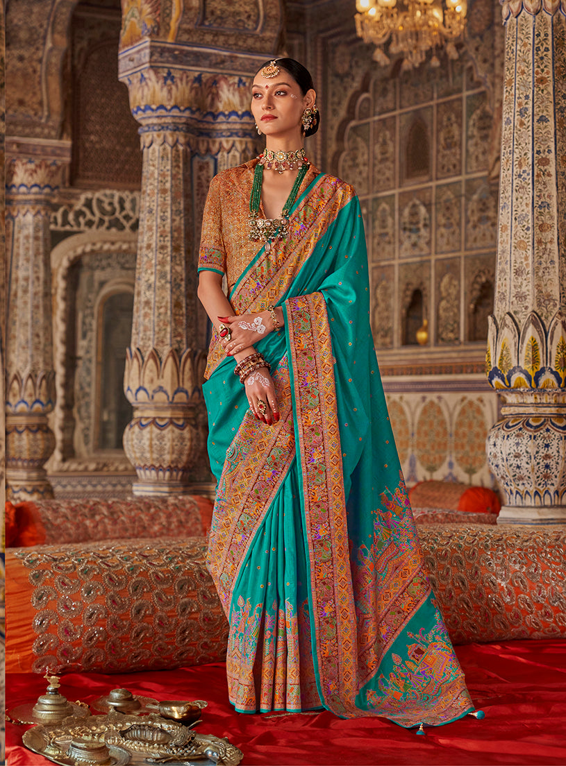 Turquoise Silk Printed Saree
