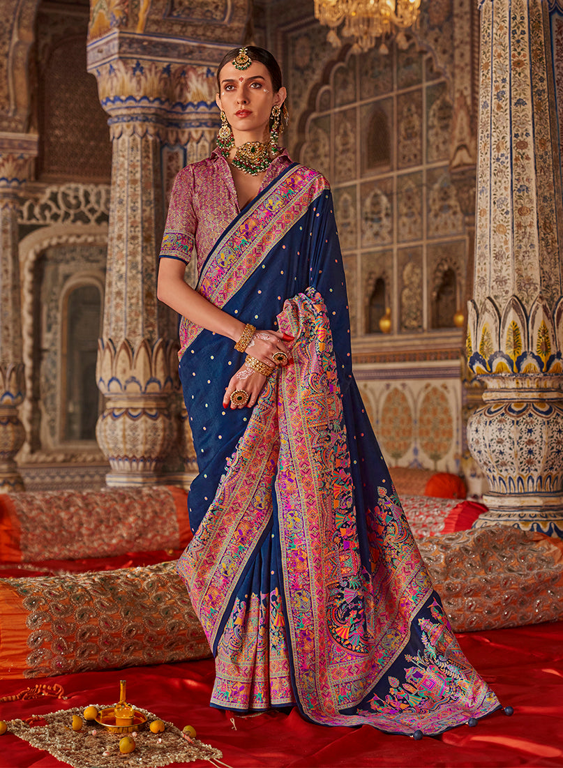 Navy Blue Printed Silk Blend Embellished Saree
