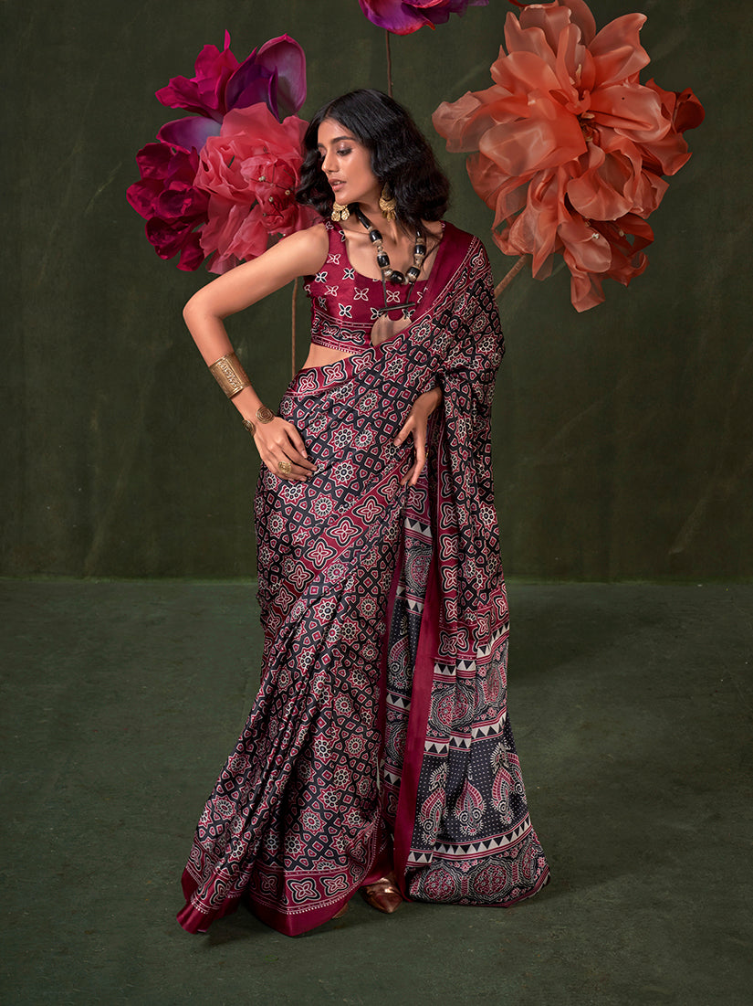 Black Maroon Ajrakh Printed Satin Saree with Traditional Motifs