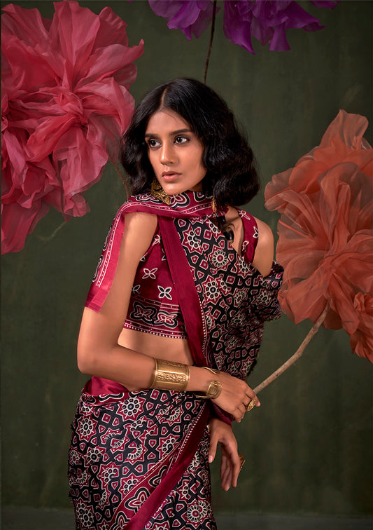 Black Maroon Ajrakh Printed Satin Saree with Traditional Motifs