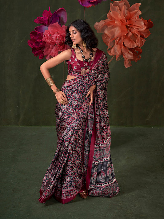 Black Maroon Ajrakh Printed Satin Saree with Traditional Motifs