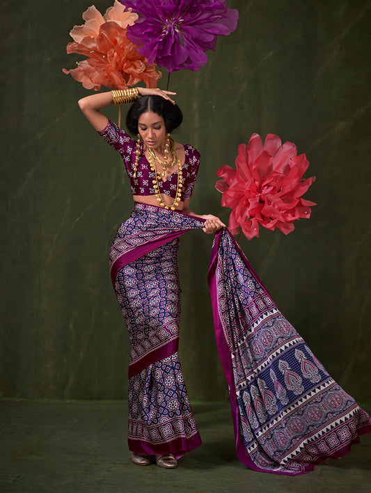 Purple Magenta Ajrakh Printed Satin Saree with Traditional Motifs