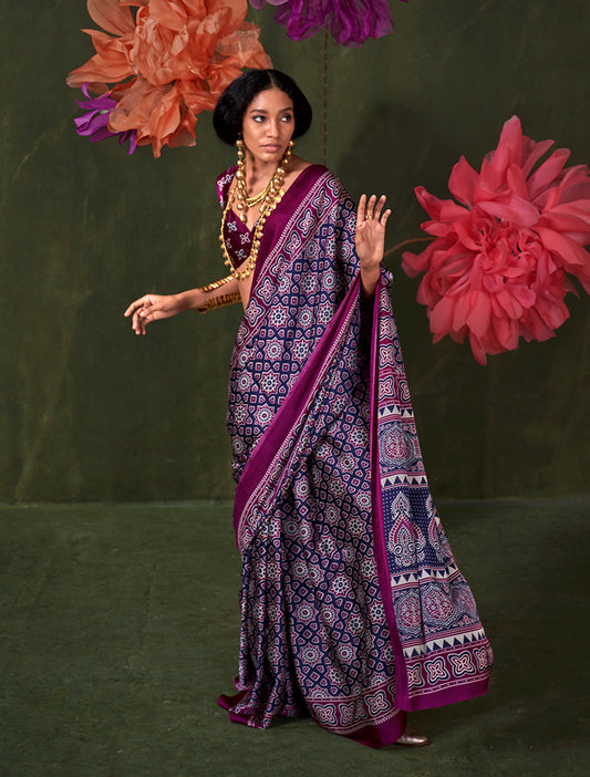 Purple Magenta Ajrakh Printed Satin Saree with Traditional Motifs