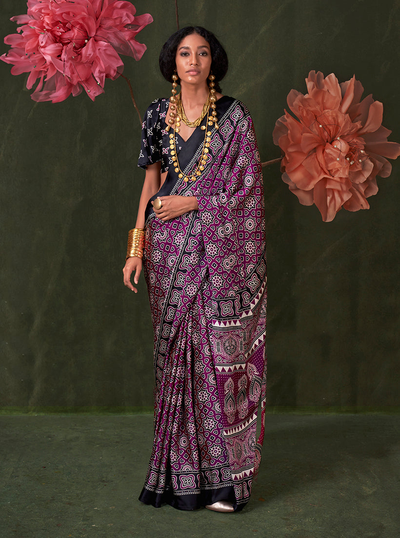 Purple Ajrakh Printed Satin Saree with Traditional Motif