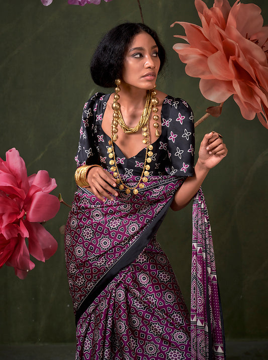 Purple Ajrakh Printed Satin Saree with Traditional Motif