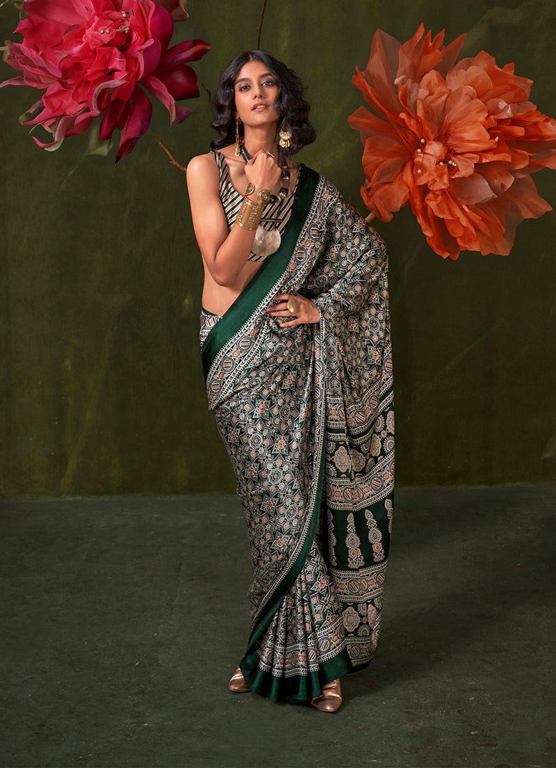Dark Green Ajrakh Printed Satin Saree with Traditional Motif