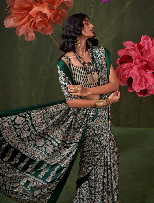 Dark Green Ajrakh Printed Satin Saree with Traditional Motif