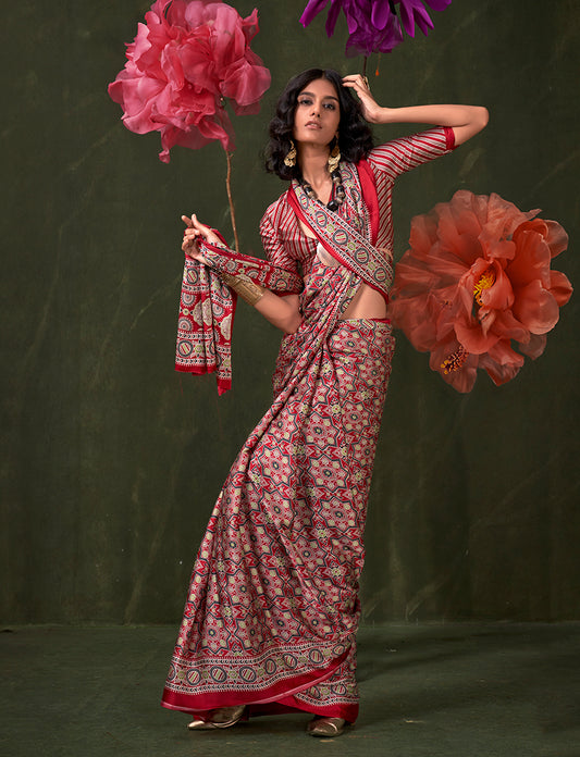 Red Ajrakh Printed Satin Saree with Traditional Motif
