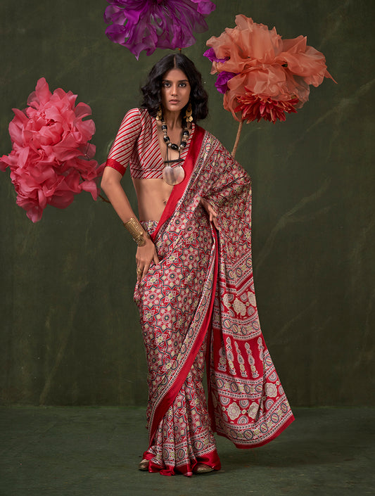 Red Ajrakh Printed Satin Saree with Traditional Motif
