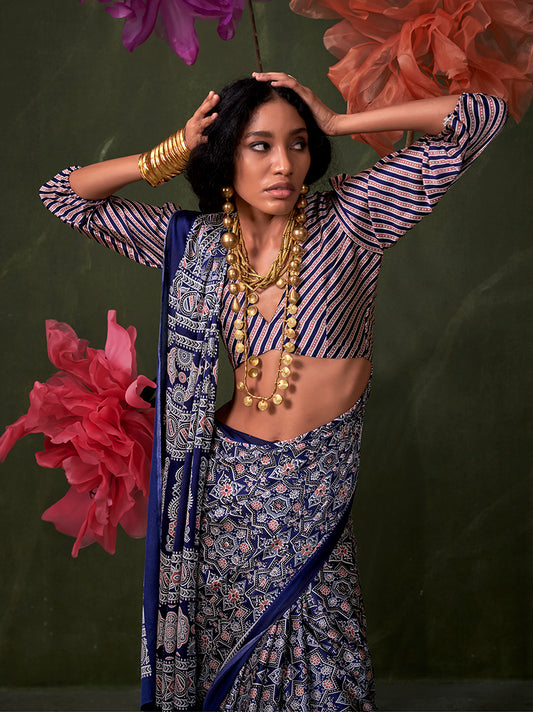 Blue Ajrakh Printed Satin Saree with Traditional Motif