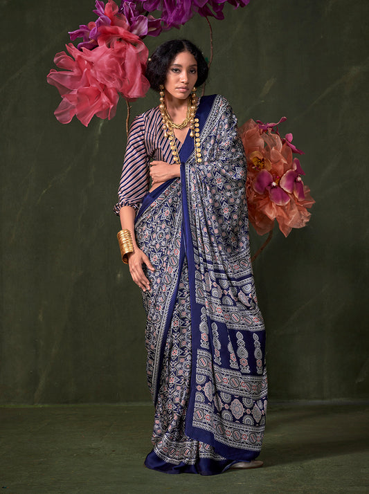 Blue Ajrakh Printed Satin Saree with Traditional Motif