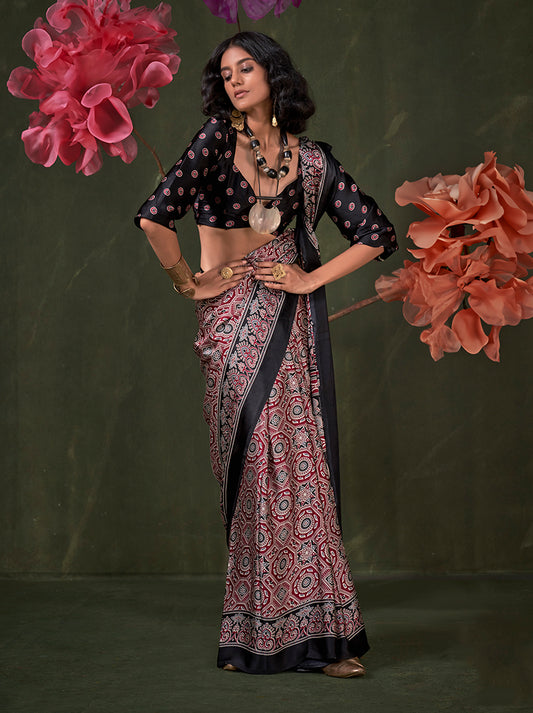 Black & Maroon Ajrakh Printed Satin Saree with Traditional Motif