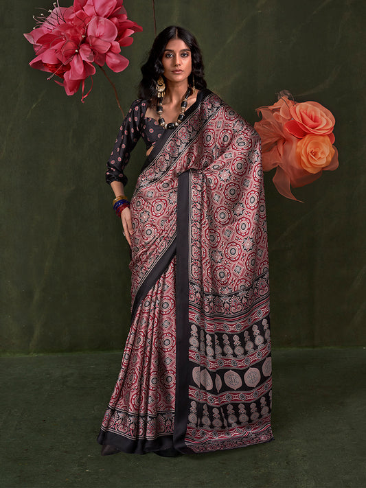 Black & Maroon Ajrakh Printed Satin Saree with Traditional Motif