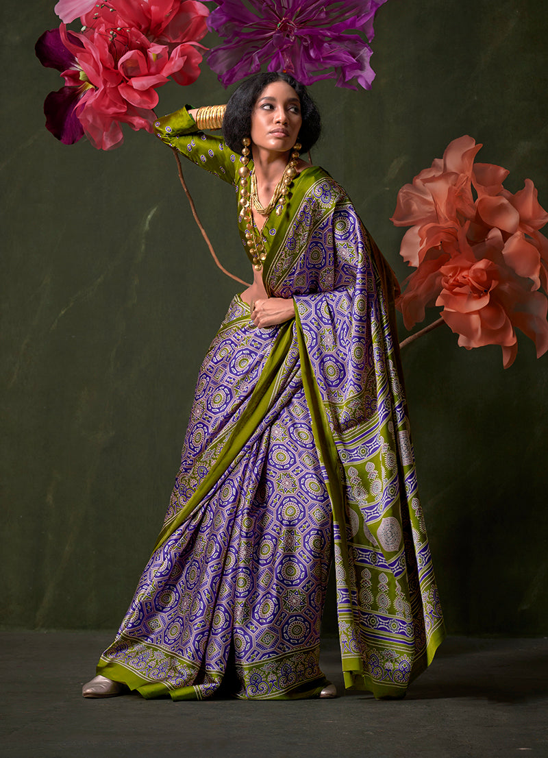 Violet & Green Ajrakh Printed Satin Saree with Traditional Motif