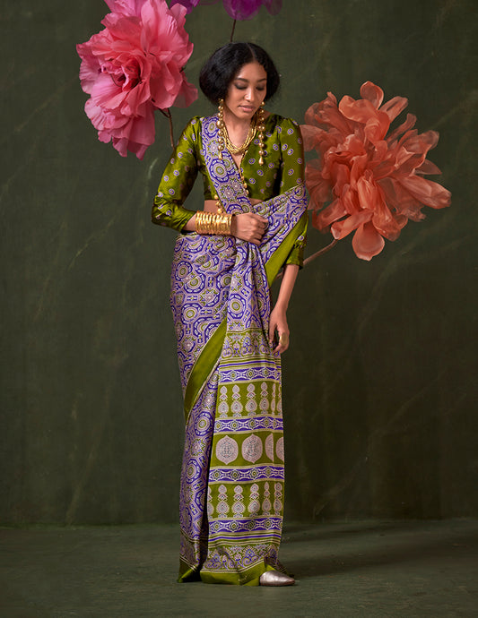 Violet & Green Ajrakh Printed Satin Saree with Traditional Motif