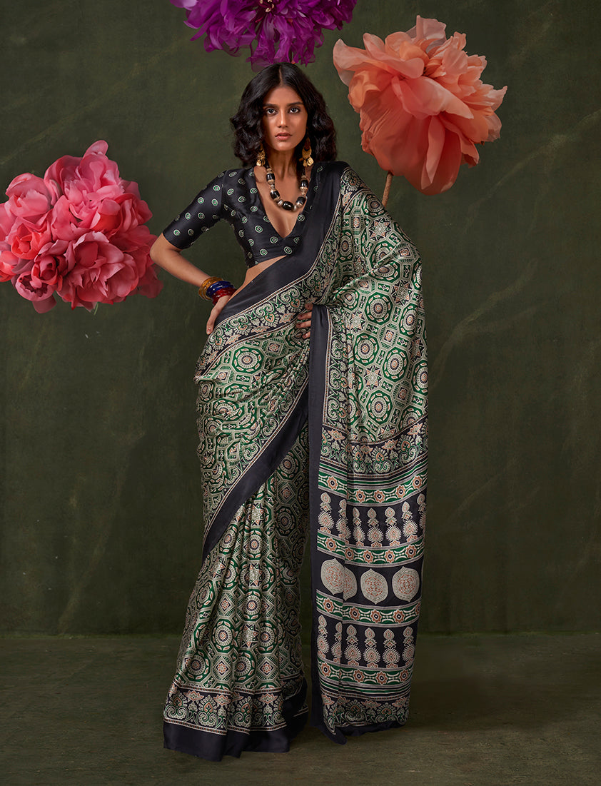 Black & Green Ajrakh Printed Satin Saree with Traditional Motif