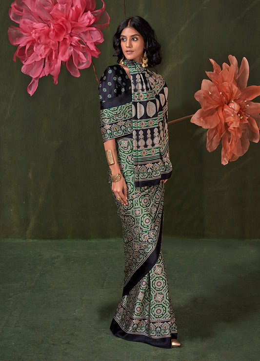 Black & Green Ajrakh Printed Satin Saree with Traditional Motif