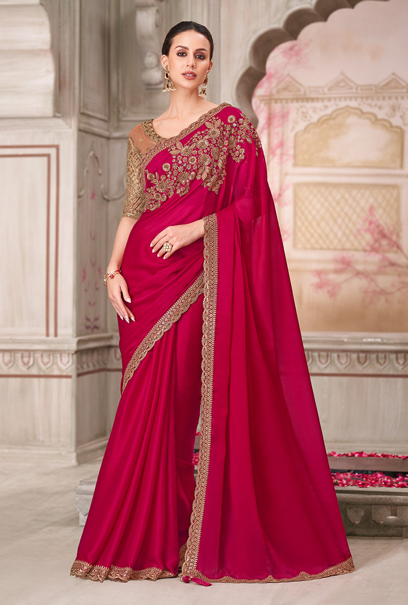 Rani Pink Satin Silk Embroidered Sequins Saree