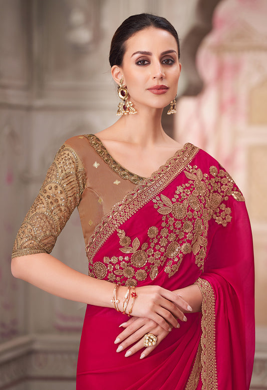 Rani Pink Satin Silk Embroidered Sequins Saree