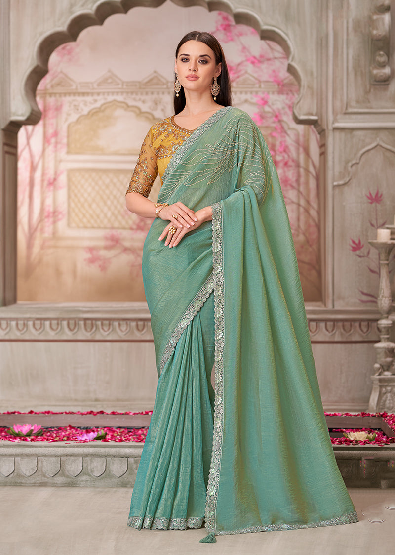 Sea Green Satin Silk Embroidered Sequins and Stone Work Saree
