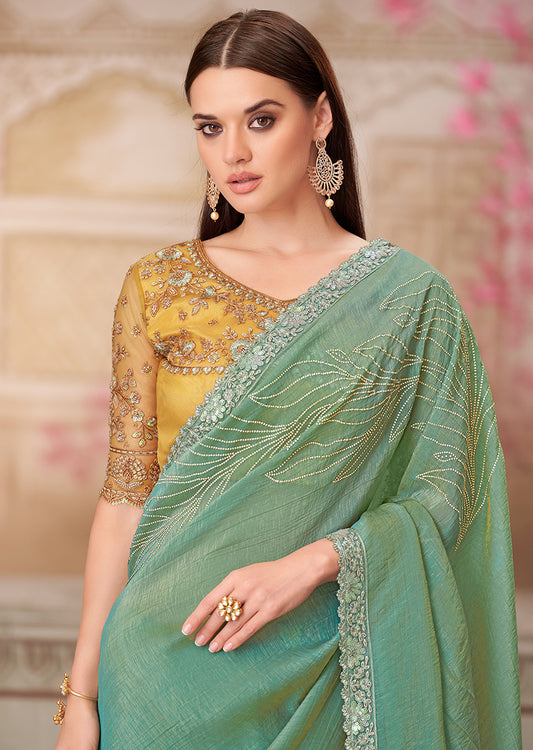 Sea Green Satin Silk Embroidered Sequins and Stone Work Saree